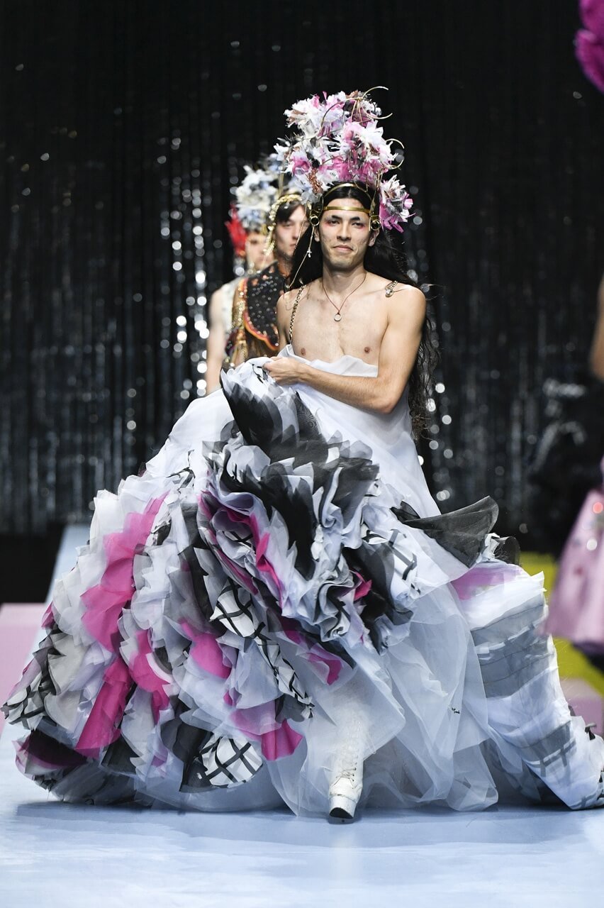 The designer, Brandon Wen, who appeared in his own show at Royal Academy Fashion