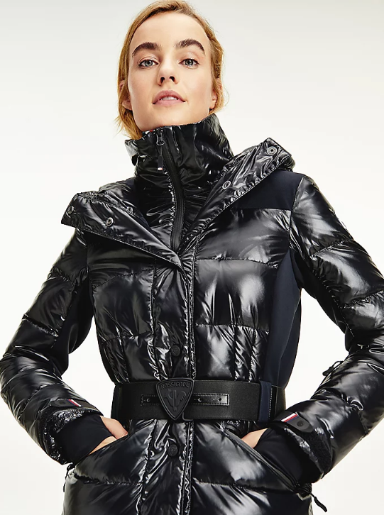 a black shiny puff jacket by Rossignol