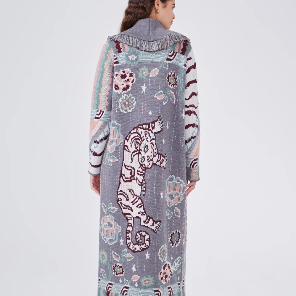 Hayley Menzies Merino Jacquard Long Cardigan Tibetan Tiger Grey 3